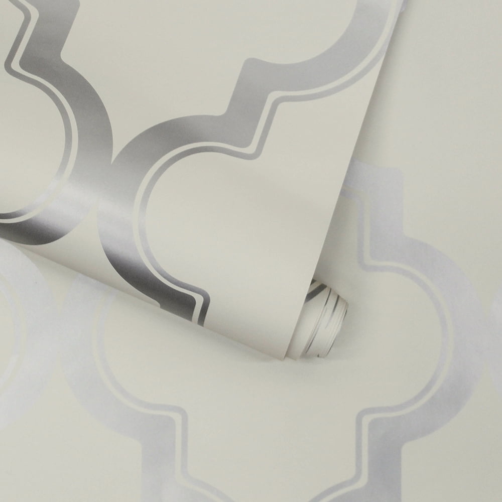 Tempaper Marrakesh Cream & Metallic Silver Peel and Stick Wallpaper, 20.5" x 16.5'