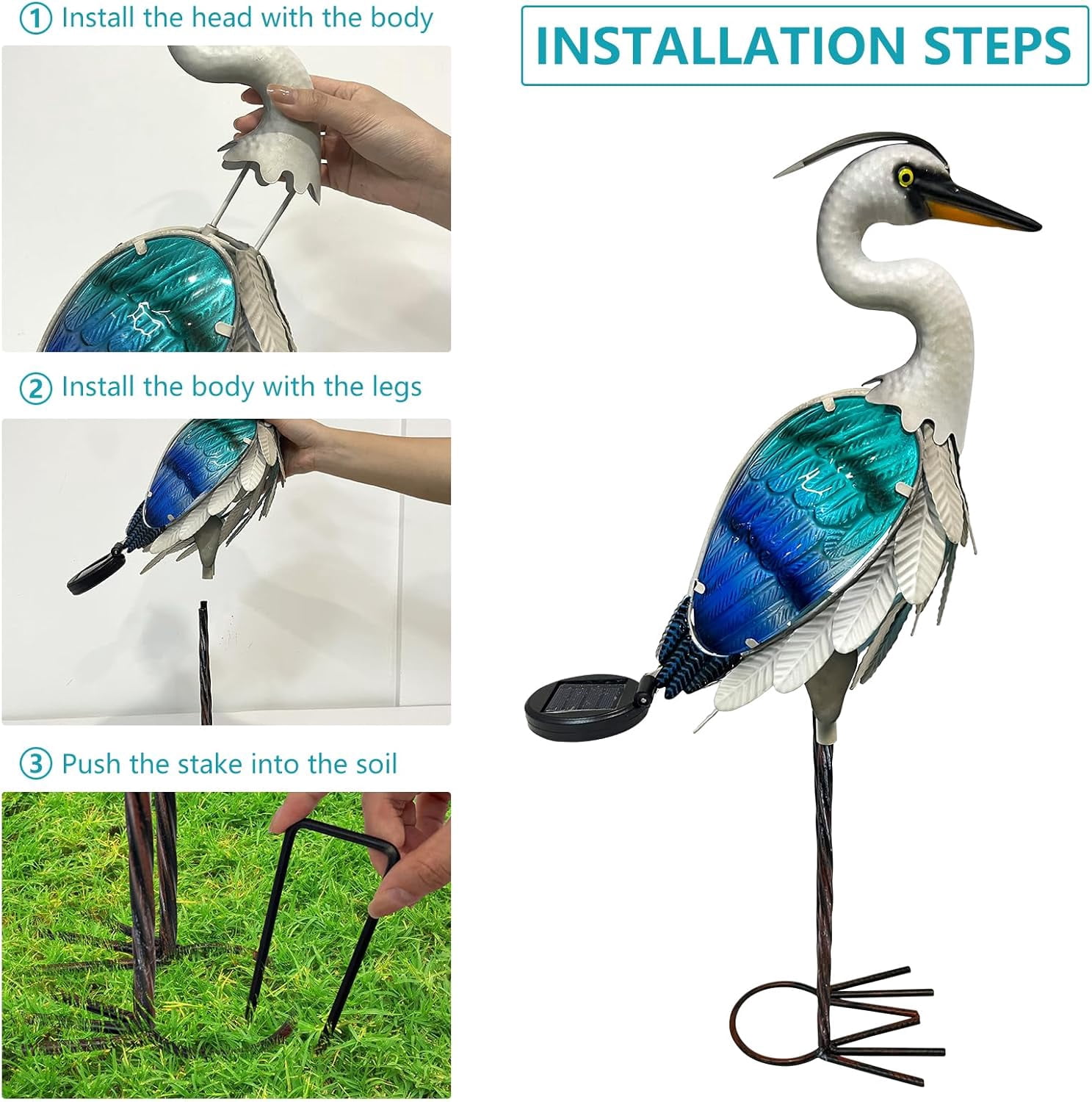Solar Metal Crane Statue Garden Heron Sculpture, Glass Outdoor Heron Yard Art Coastal Ocean Bird Decor Lawn Ornament for Backyard Porch Patio Decor（24 Inch）