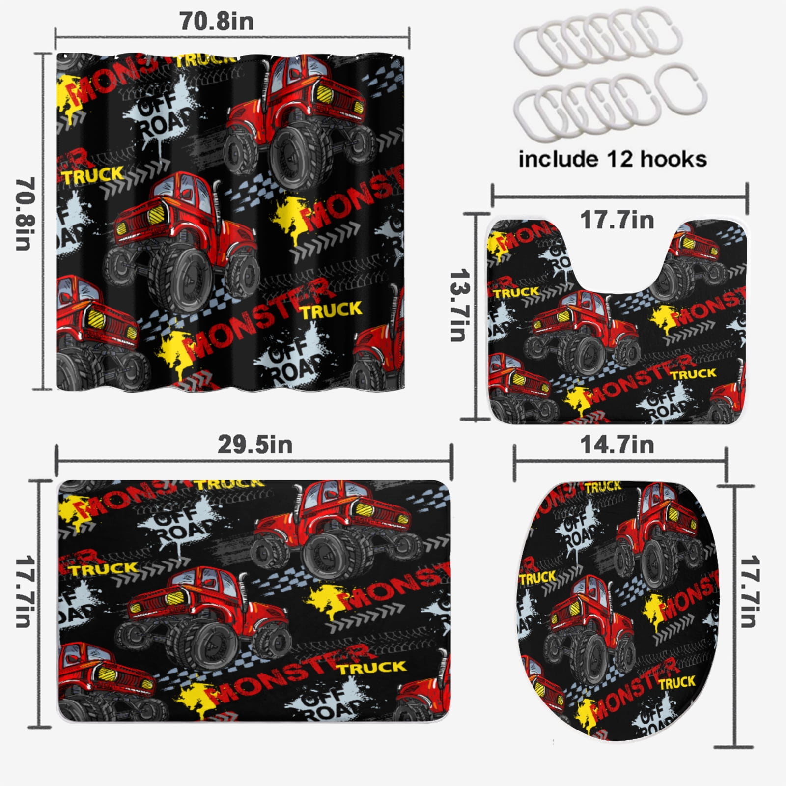 Kids Monster Truck Shower Curtain Sets with Rugs 4 Piece Car Dots and Spray Paint Texture Ink Print Bath Curtain for Bathroom Waterproof Fabric Bathroom Decor Set, 72x72 Inch