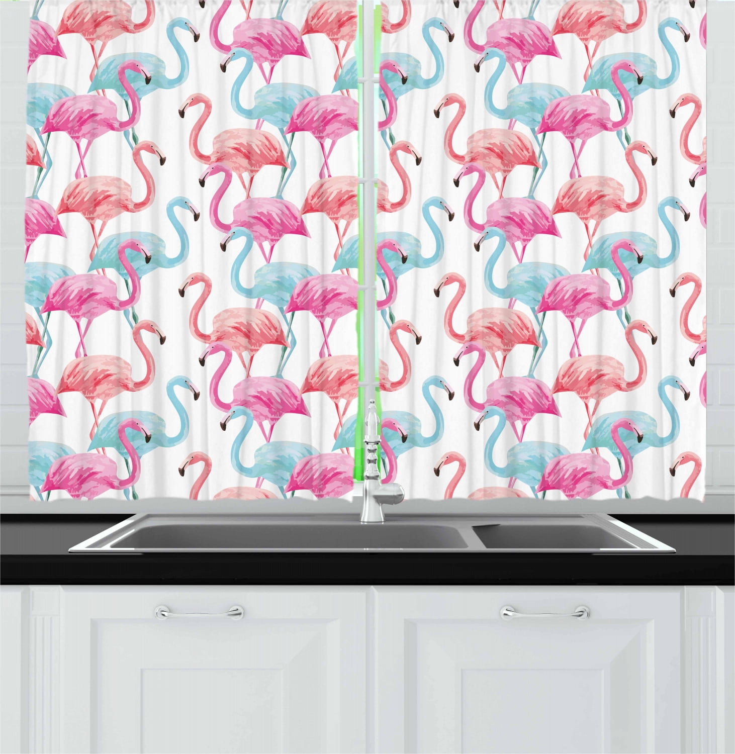 Watercolor Curtains 2 Panels Set, Flamingos in Many Colors Hand Drawn
