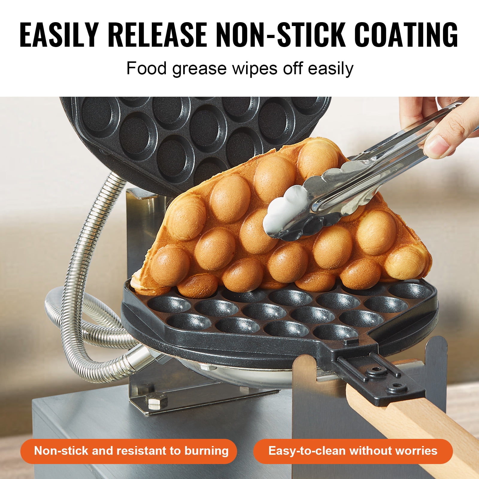 KFFKFF Electric Waffle Maker, Professional Waffle Iron, 1400W, for Crispy Egg Waffles, Non-Stick, Stainless Steel Build, 180° Flip Feature, Adjustable Temperature & Timer, Wood Grip, Ideal for Cafes