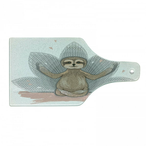 Sloth Cutting Board, Little Sloth Lotus Flower Yoga Asana Positions Fun, Decorative Tempered Glass Cutting and Serving Board, Wine Bottle Shape, Pink Brown Grey, by Ambesonne