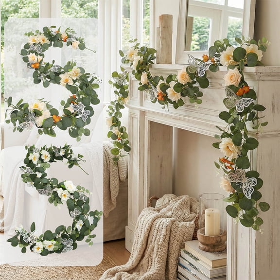 170cm Artificial Butterfly, Rose & Eucalyptus Leaf Garland – Plastic Floral Vine Decoration in Beige & White for Home, Wedding, Party