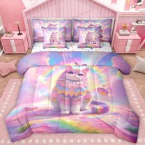 Homewish Pet Cat Kitten 7-Piece Bedding Comforter Set,Bohemain Print King Bedding Sets,Colorful Rainbow Pattern Bed Sheets For Girl,Microfiber Bedroom Decor Reversible