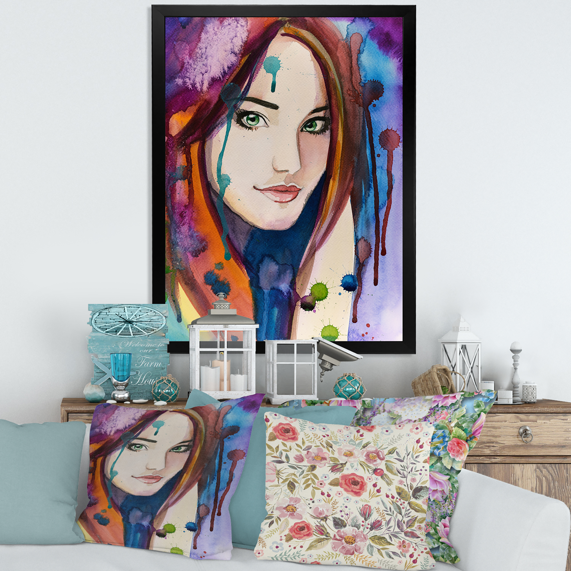 Designart 'Colorful Portrait Of Green Eyes Young Woman' Traditional Framed Art Print