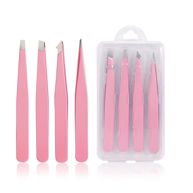 Juego de pinzas de 4 piezas, pinzas profesionales de acero inoxidable, pinzas de precisión para cejas, vello facial, vello encarnado, astillas, espinillas y removedor de garrapatas (ROSA) Ormromra ZJWJ535