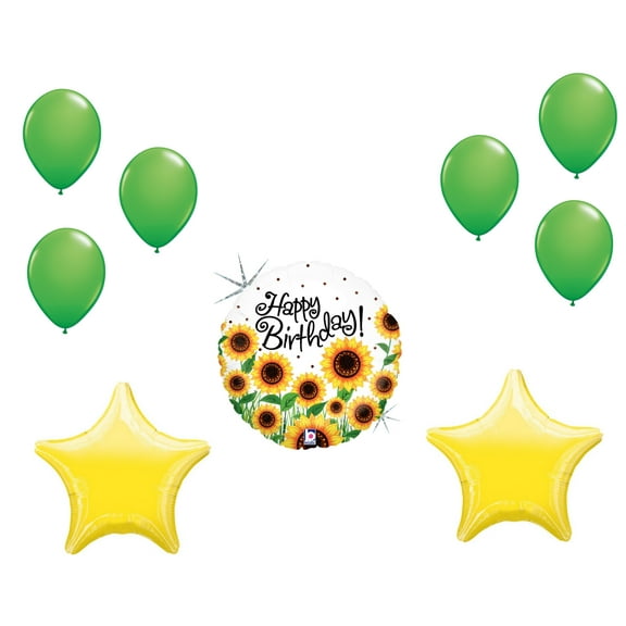 LOONBALLOON Birthday Theme Balloon Set, 18 inch SUNNY SUNFLOWERS BIRTHDAY, Star Foil and 6x pcs latex