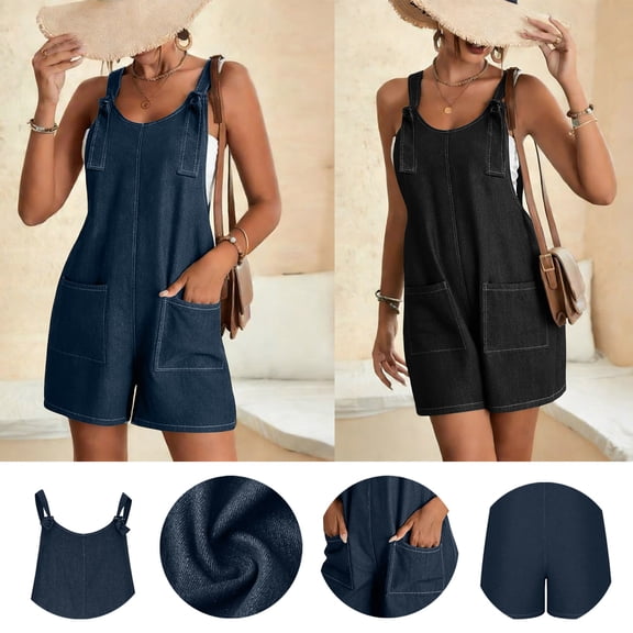Frostluinai Womens Denim Overalls Romper Casual Loose Fit Jean Rompers Adjustable Straps Overall Shorts Summer Outfits Pantalones Para Mujer