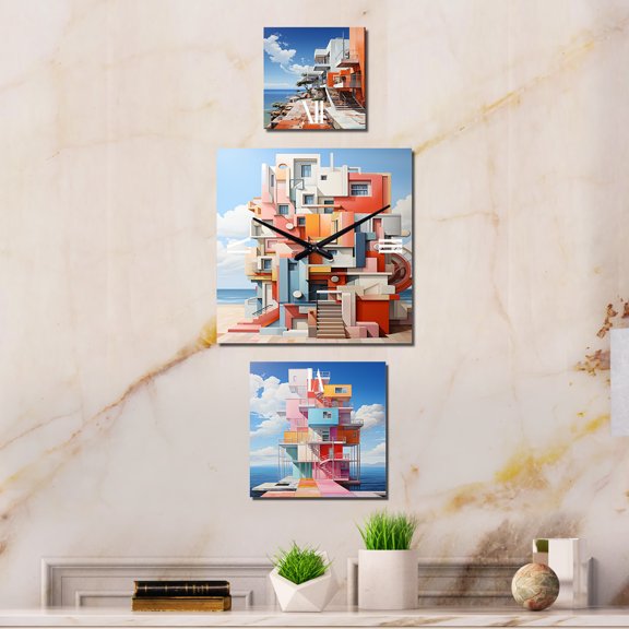 Designart "De Stijl-Inspired Landscape with a Lighthouse" Ocean Extra large Clock For Office Décor - Large Nautical & Coastal Wall Clock - Oversized Pink Wall Clock - Set Of 3