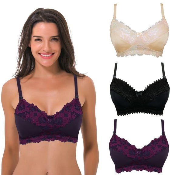 Curve Muse Women's Plus Size Nursing Wirefree Bra With Full Figure Lace-3Pack-BERRY,NUDE,BLACK-34C