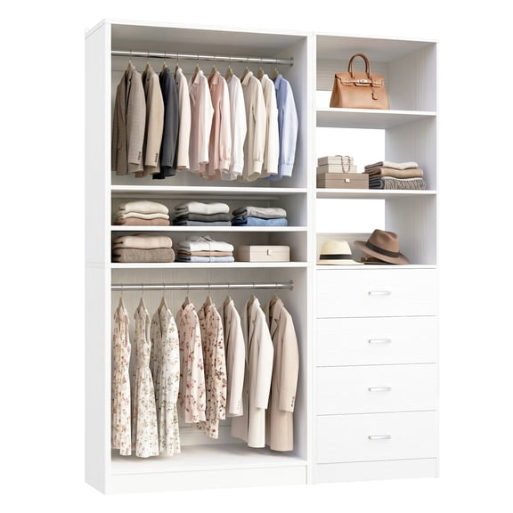 iSunirm 2-in-1 Closet Organizer with 4 Drawers and 2 Hanging Rods, 57.3'' Wide Closet System for Small Space, White