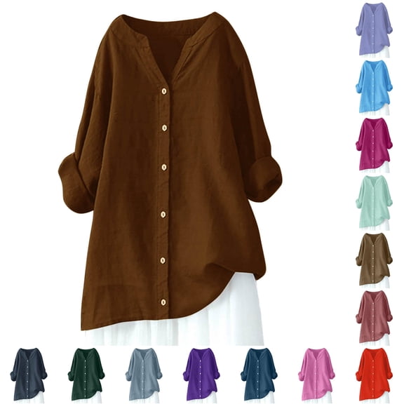 DHFJKG Blouses For Women Casual Oversized Button Up Shirt Long Sleeve V Neck Mid Length Tops