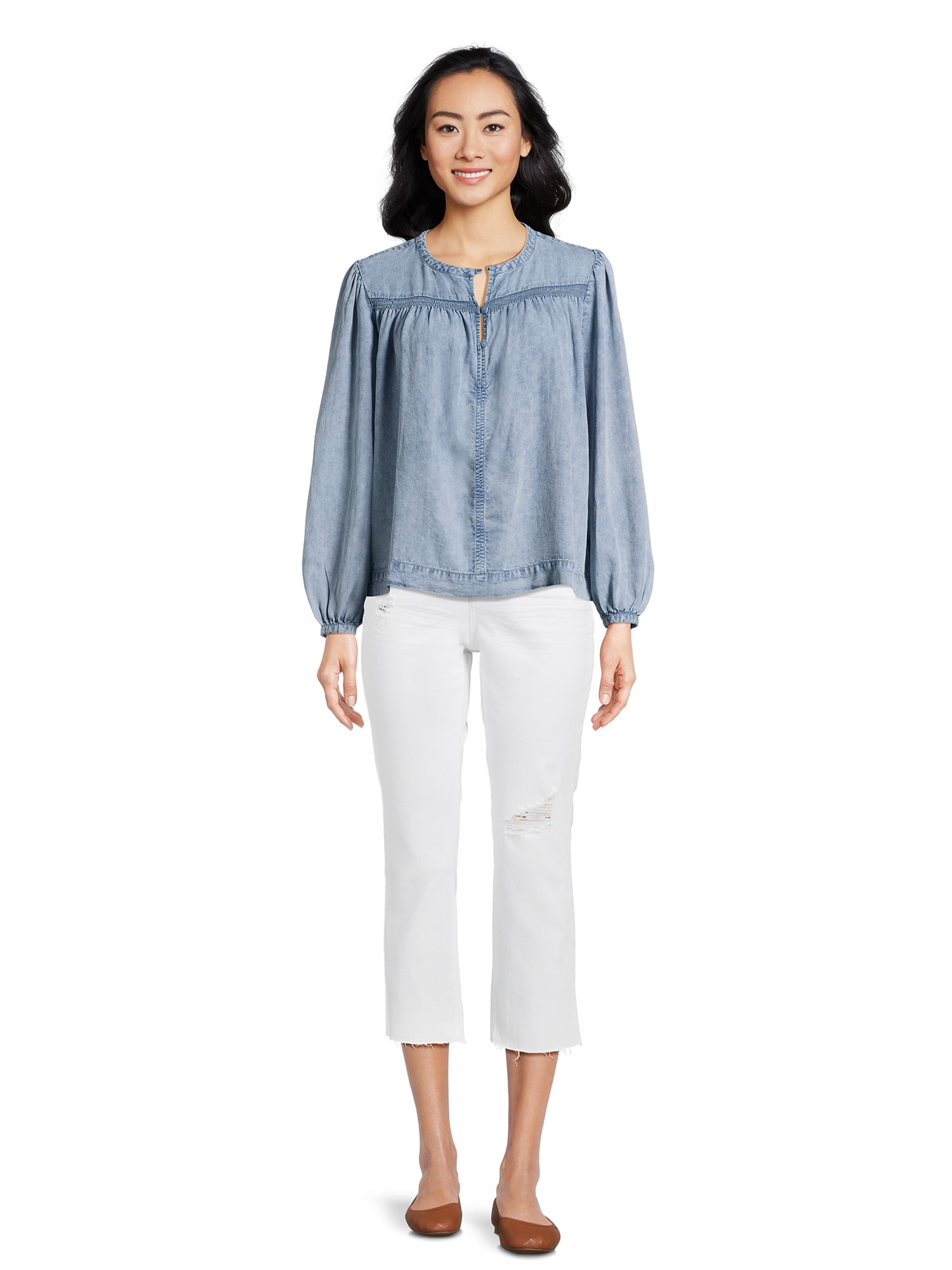 Time and Tru Women’s Smocked Top with Long Sleeves, Sizes XS-XXXL