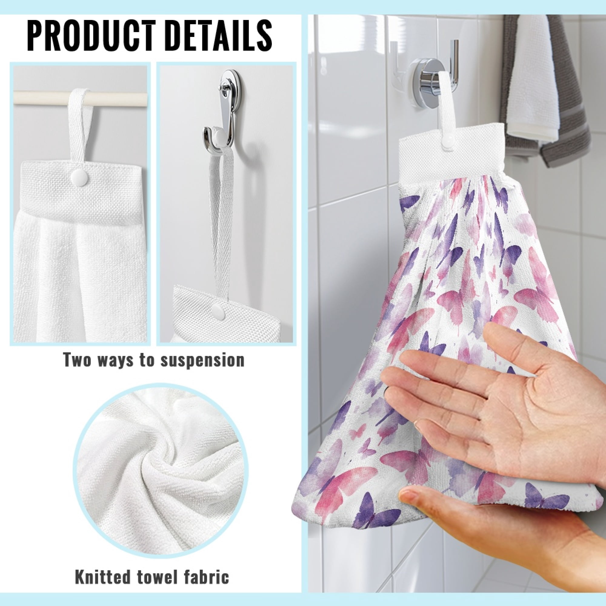 SEANATIVE Butterfly Hanging Hand Towels for Kitchen 2 Pcs Hand Towels with Button Loop Quick Dry Hand Towel for Bathroom Absorbent Fingertip Towel Home Decoration