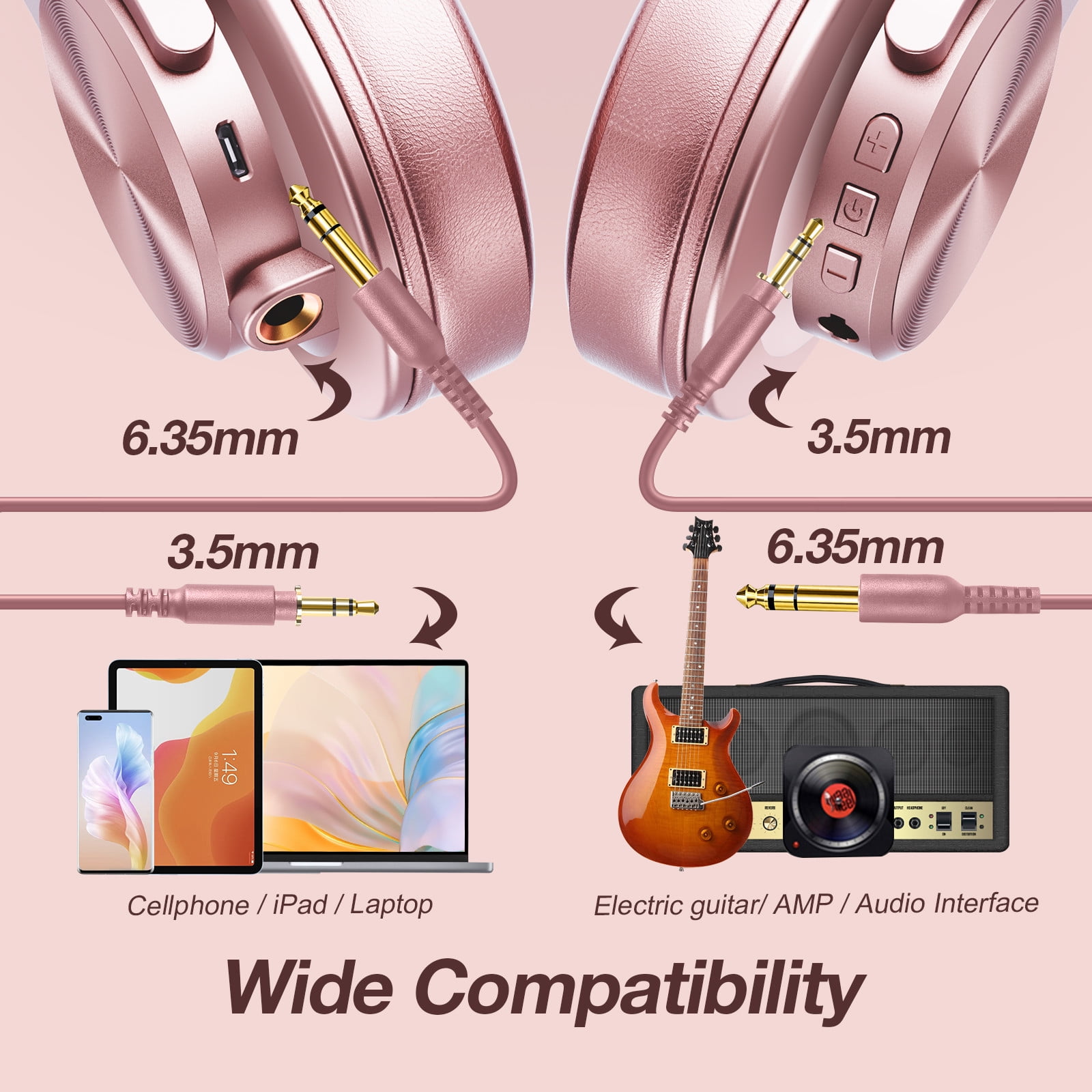 OneOdio Wireless Bluetooth Over Ear Headphones for Women and Girls,Stereo Jack for Guitar Amp Computer PC Tablet，72 Hours Playtime-A70 Rose Gold