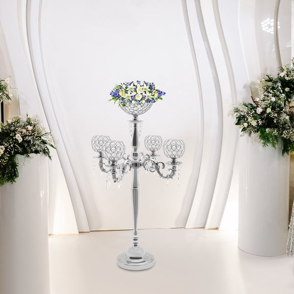 Candle Holder, 4 1 Tiered Crystal Bead & Iron Flower Stand Candelabra, Electroplated Table Centerpiece for Wedding, Dining Room