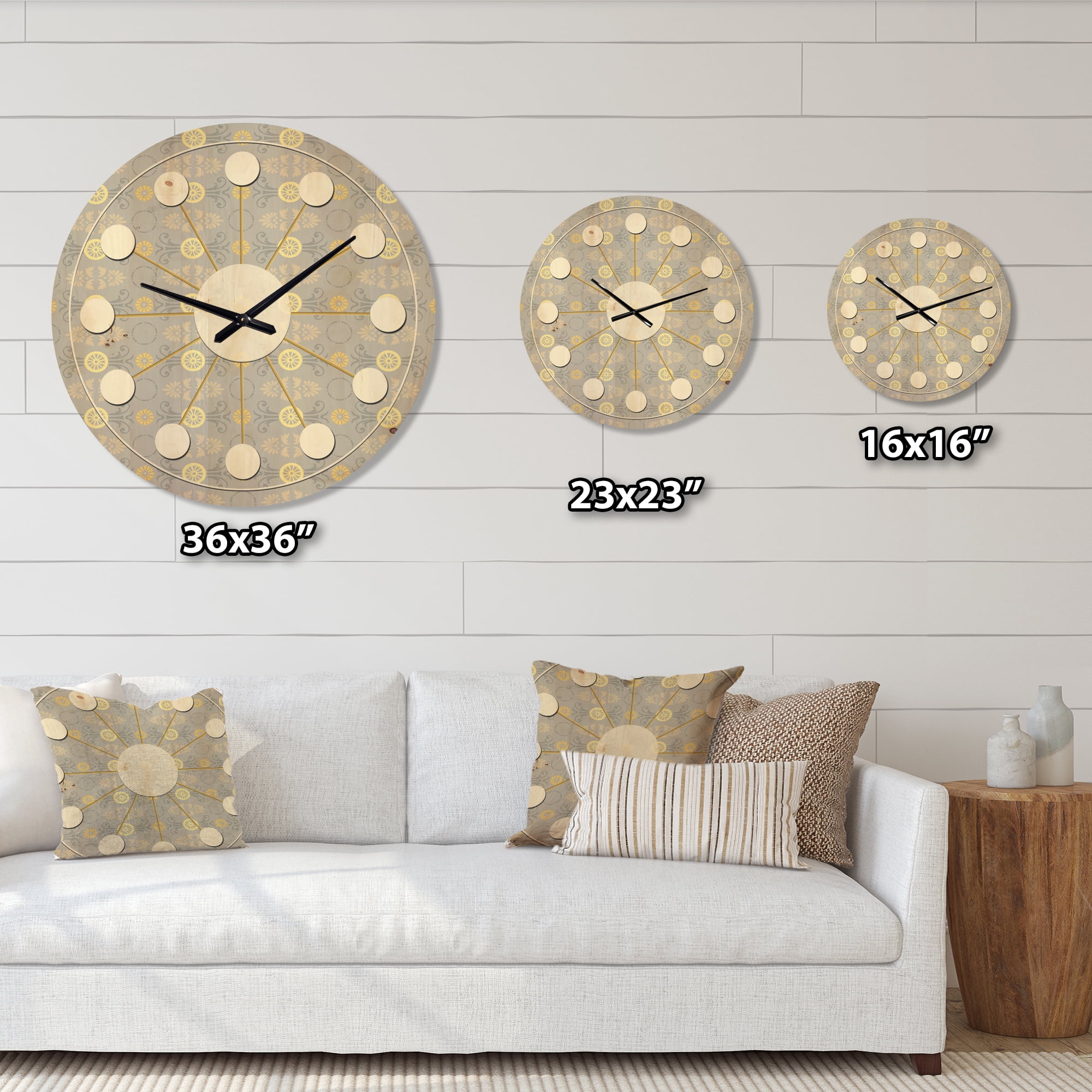 Designart 'Golden Cornflower Retro Pattern' Mid-Century Modern Wood Wall Clock