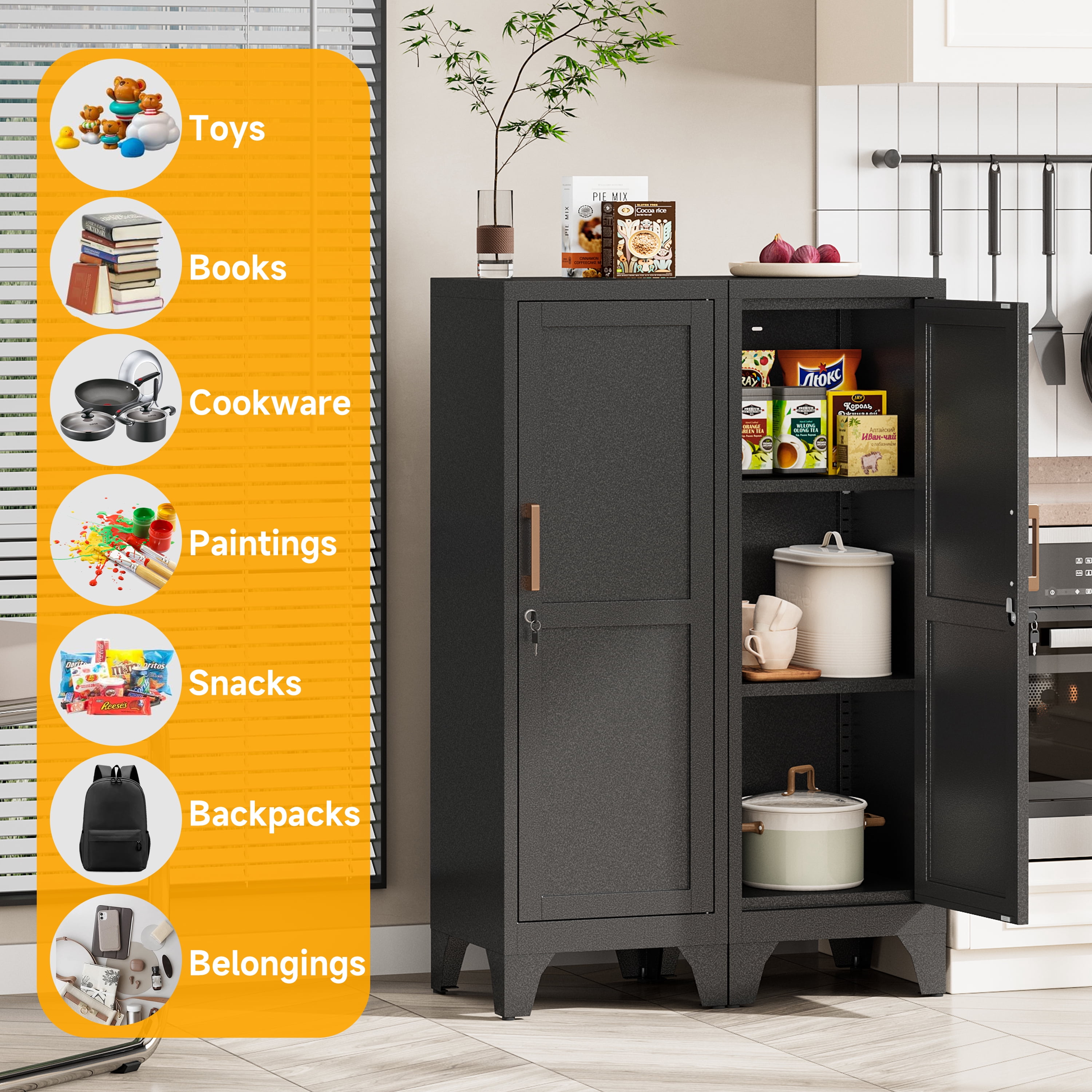 46"H Black Metal Pantry Cabinet with 1 Lockable Door and 2 Adjustable Shelves, 3 Tier Small Storage Cabinet with Detachable Legs and Vintage Handle for Kitchen,Home Office,Gym,School,Easy Assembly