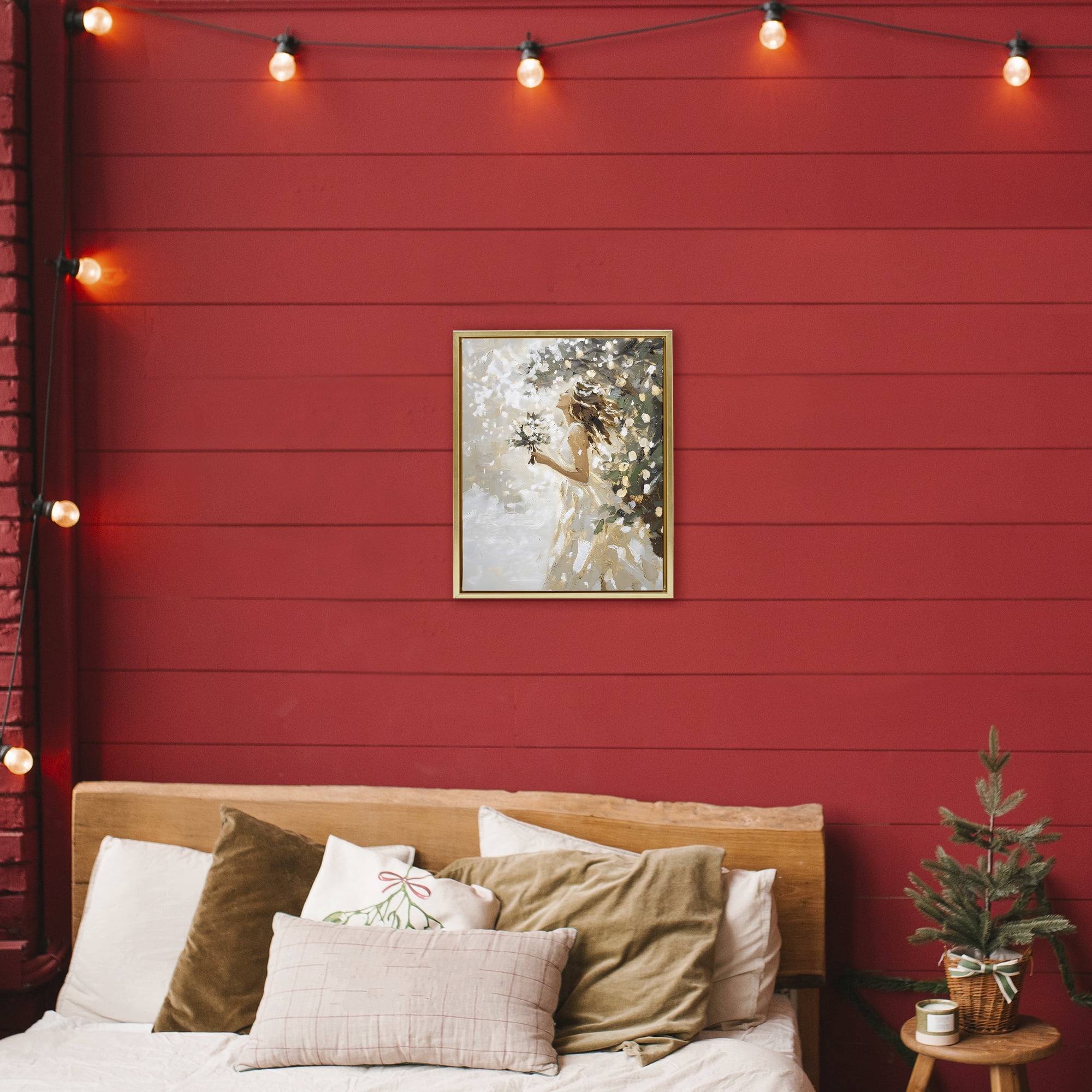 Soft White Snow Flurry Gold Framed Floater Canvas Wall Art, design by LSR Design Studio