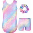 thumbnail image 2 of Gymnastics Leotards for Girls, Sleeveless U Shape Neck Sparkly Dance Unitards with Shorts and Hair Toddler Leotard for Age 5-10, 2 of 5