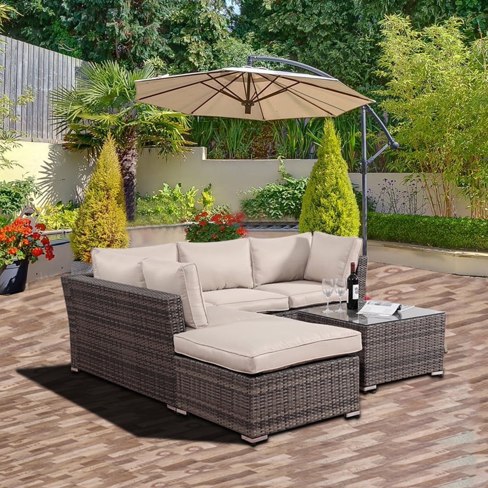 Sectional Patio Wicker Sofa with Beige Removable Cushions ...