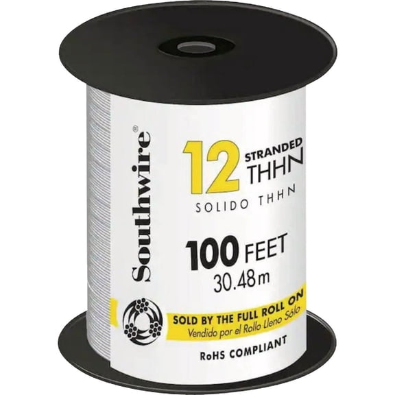 Southwire 22965852 Simpull THHN or THWN2, 12 Gauge THHN Stranded Wire, 100' per Roll, White