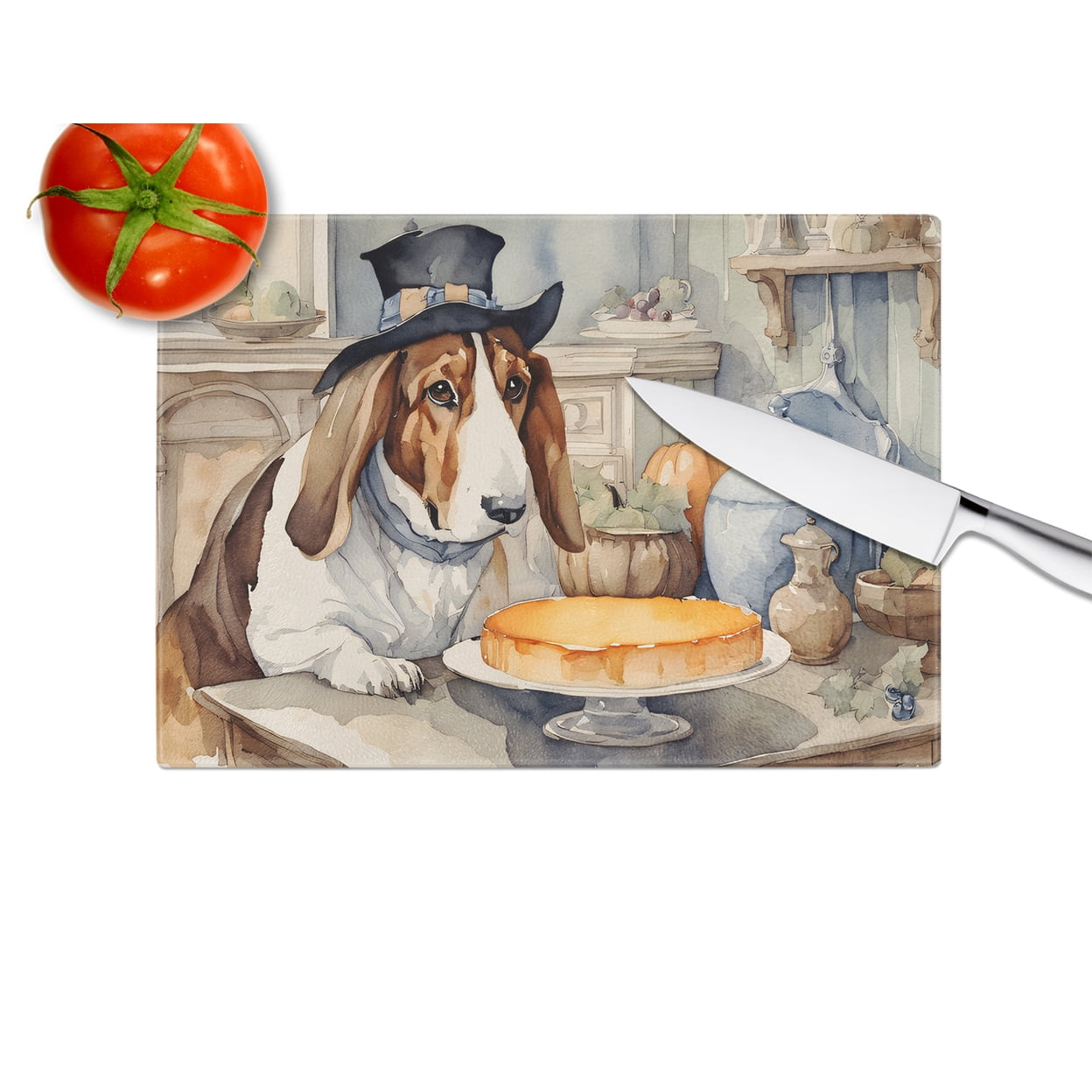 Basset Hound Fall Kitchen Pumpkins Glass Cutting Board Large 12 in x 15 in