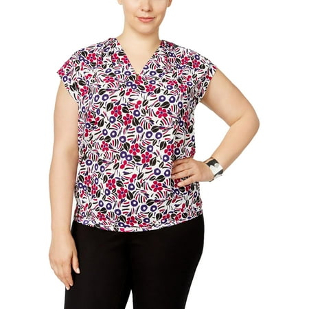 Anne Klein Womens Plus Floral Print Cap Sleeves Casual Top