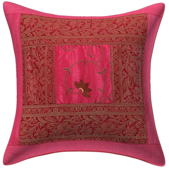 Stylo Culture Indian Couch Throw Pillow Cover Embroidered 16x16 Brocade Patchwork Pink Traditional 40 x 40 cm Lounge Decor Polydupion Floral Square Cushion Cover | 1 Pc