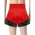 thumbnail image 2 of Xnihocha Unisex Kids Satin Boxing Shorts Metallic Color Block Boxer Kickboxing Muay Thai Training Trunks Red&Black 8, 2 of 5