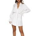 thumbnail image 2 of SAYOO Vestido Suelto de Verano para Mujer, Color Sólido, Manga Larga, Solapa, Manga Acampanada, Falda Atada de un Solo Pecho SAYOO casual, 2 of 9