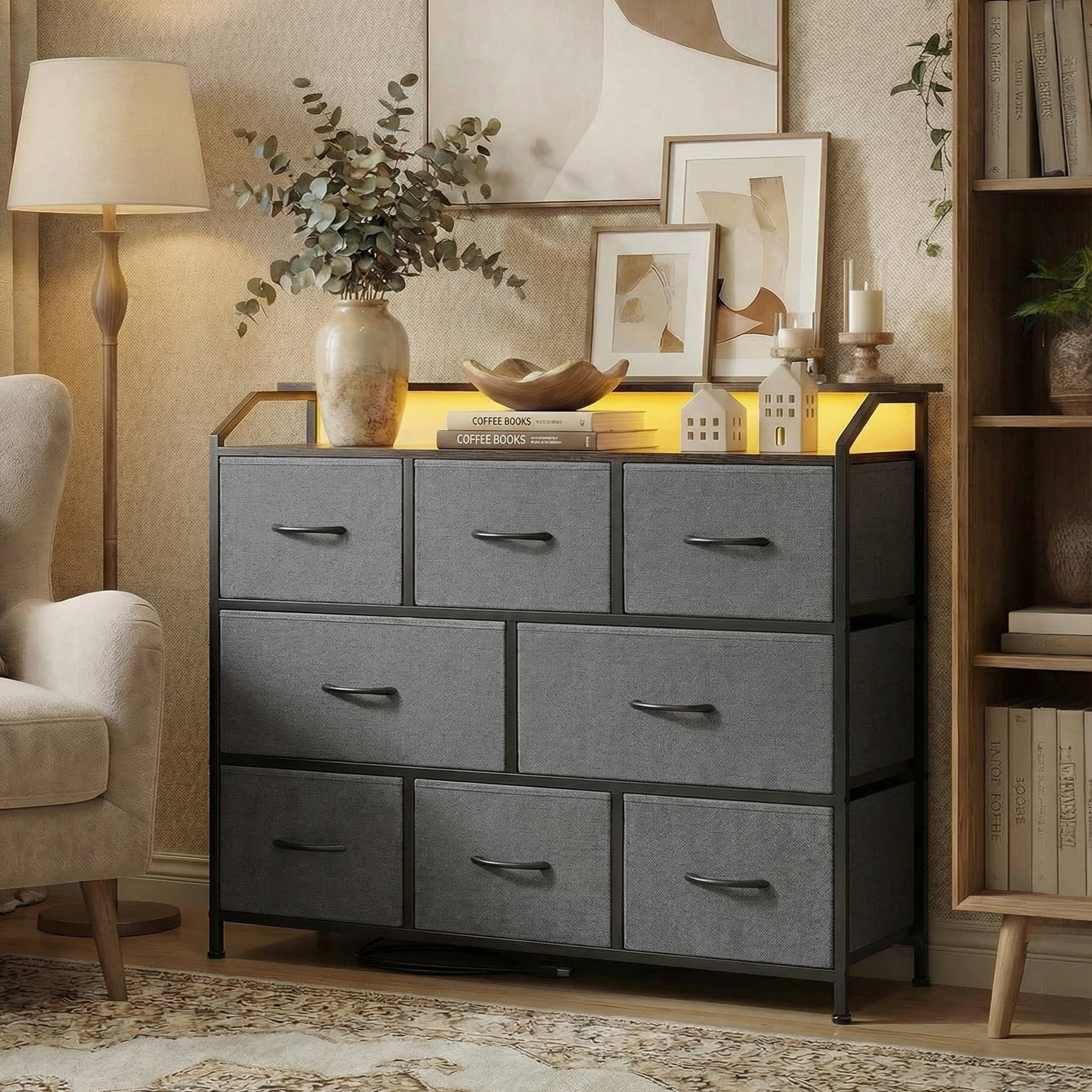 edx 8-Drawer Fabric Dresser with Power Outlets & LED Light, Multifunctional TV Stand Storage Cabinet for Bedroom, Living Room, Office & Hallway, Gray