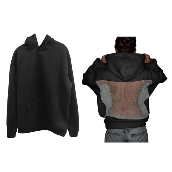 Women Hollow Mesh Back Hooded Long Sleeve Casual Rhinestone Hoodie Fall Winter Travel Outfits