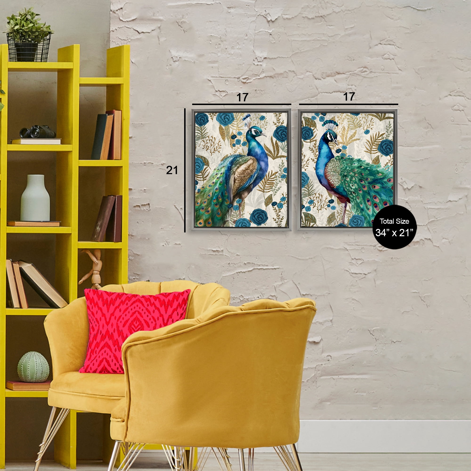 Stupell Industries Floral Peacock Pride 2 Piece Gray Framed Floater Canvas Set, design by Kim Allen