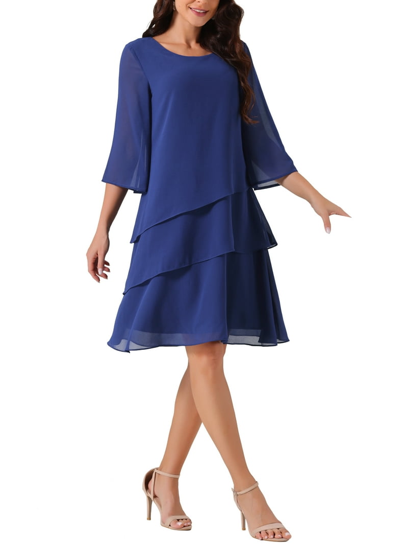 INSPIRE CHIC Women's Chiffon Dress Ruffle Tiered Flowy 3/4 Sleeve A-Line Knee  Length Dress Dark Blue S - Walmart.com