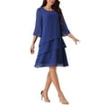 thumbnail image 4 of INSPIRE CHIC Women's Chiffon Dress Ruffle Tiered Flowy 3/4 Sleeve A-Line Knee Length Dress Dark Blue M, 4 of 5