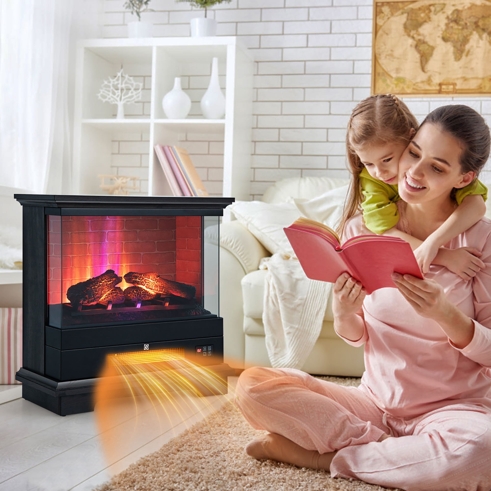 Costway 27'' Freestanding Electric Fireplace Heater w/ 3-Level Flame  Thermostat Black - Walmart.com