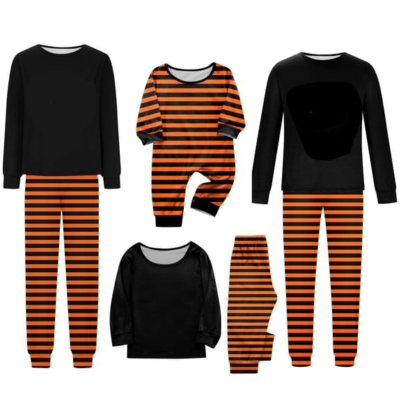 Onlypjs Matching Family Halloween Pajamas Black Orange Striped Sleepwear Sets Spooky Pumpkin Haunted Castle Loungewear for Adults Women Men Couples
