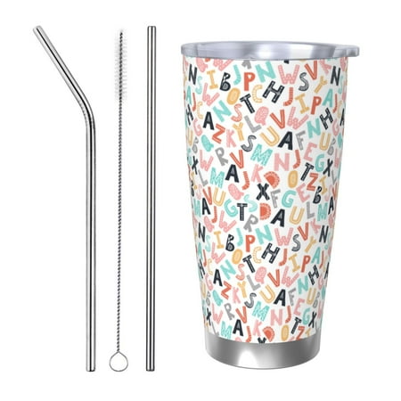 

Zeuib Scandinavian Alphabet1 Printed 20oz Stainless Steel Insulated Car Cup Stainless Steel Thermal Cup Vacuum Insulated Leak-proof Travel Mug Cup-Straw Three-piece Set