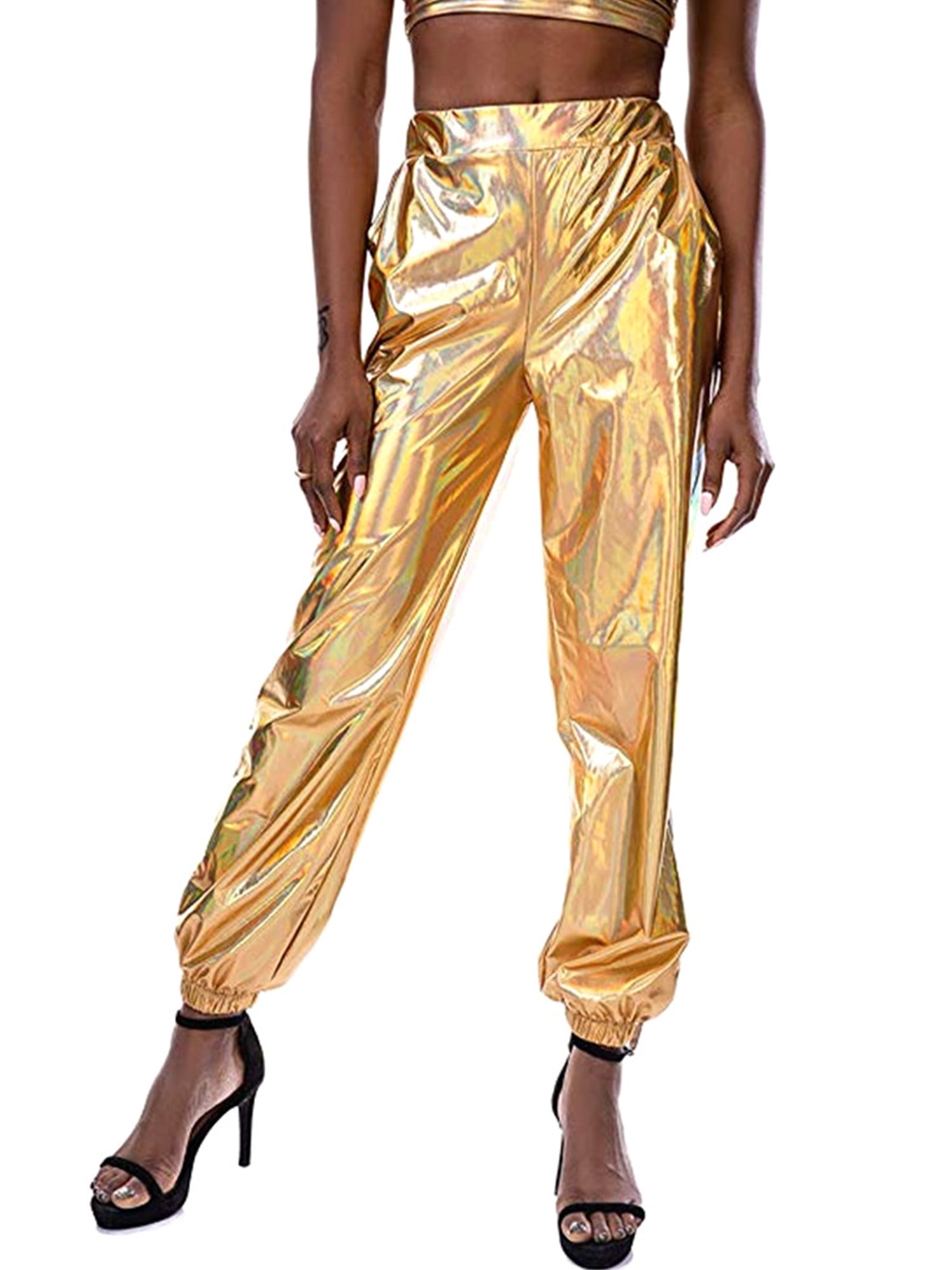 Women Shiny Metallic HighWaist Hip-Hop Sweatpant Holographic Trouser Jogger Pant 