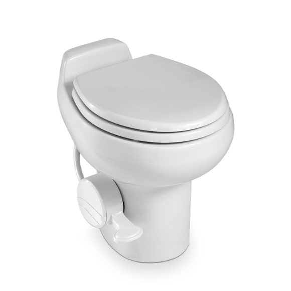 Dometic Toilet 302651001 Traveler 510 Plus; Permanent; Round Seat With 17-1/8 Inch Seat Height; Pedal Flush Control; White Ceramic; Without Hand Spray