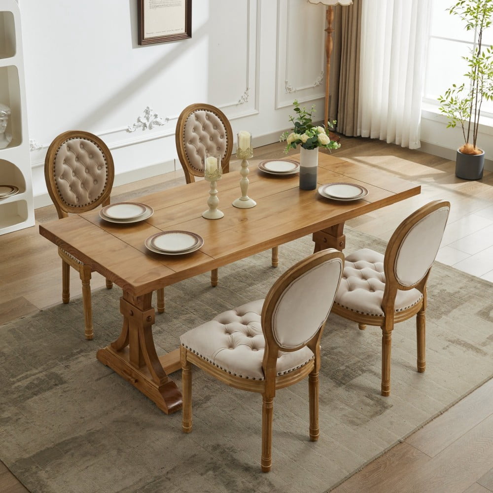 French Style Dining Chairs Set of 2, Velvet Upholstered Wood Dining Room Chairs with High Backrest, Nailhead Trim, Tufted Cushion, Beige