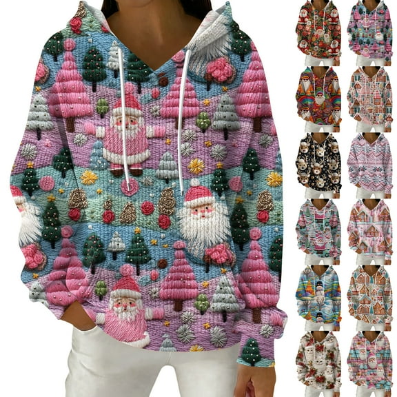 Women's Fashion Casual Christmas Print Pullover Long-Sleeve Hooded Sweatshirt, Festive Fall Winter Wear with Soft Fabric and Holiday Theme for Cozy Comfort,Black,L