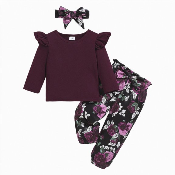 yboeqw Toddler Baby Clothes Girls Long Sleeve Solid Color Sweatshirt Pants Sets 9 12 18 24 Months 3T Girls Fall Winter 3Pcs Outfits with Headband,Size 9-12 Months