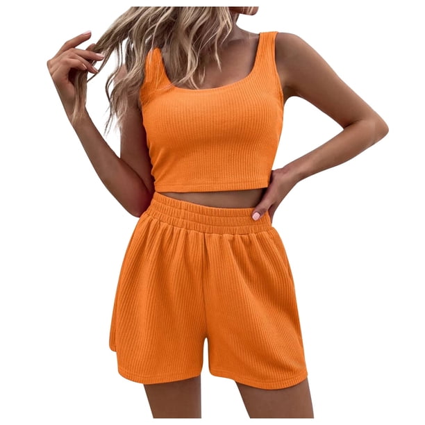 Conjunto de dos piezas de verano para mujer: top corto sin mangas y pantalones cortos de cintura alta - Tejido elástico de red, diseño de encaje con aros