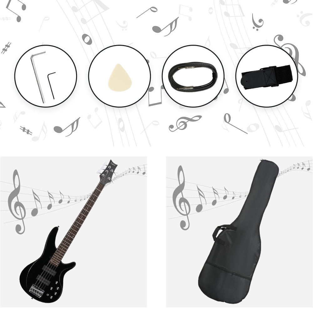 44 Inch GIB 5 String H-H Pickup Laurel Wood Fingerboard Electric Bass Guitar with Bag and Other Accessories Black