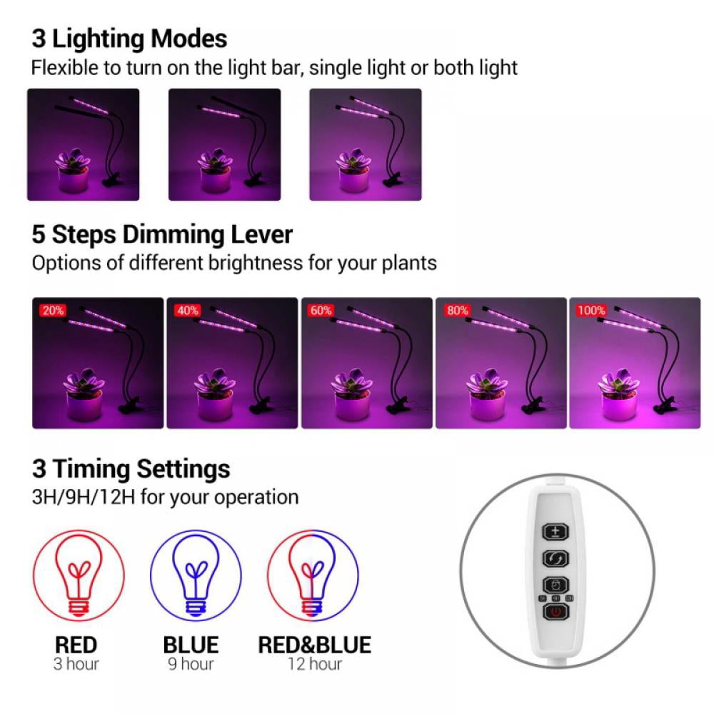Timer Function 18W 36 LED Plant Grow Light Kit Dual Head Lamp 360°Adjustable US 