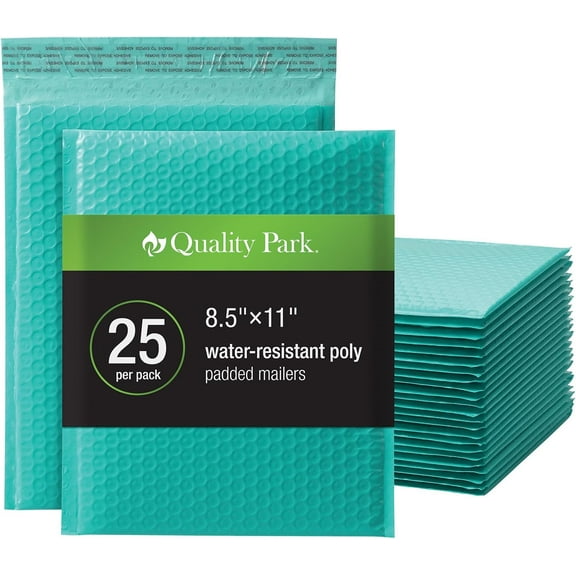 Bubble Mailers, 8.25 x 11 Shipping Envelopes, Water Resistant Teal Poly Padded Envelopes, Redi-Strip Peel Off Closure, 25 Per Box (QUA85860)