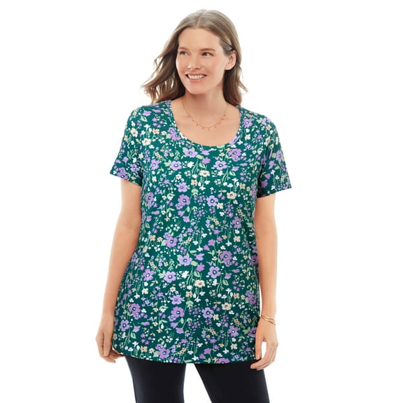 Woman Within Plus Size Perfect Printed Short-Sleeve Scoopneck Tee
