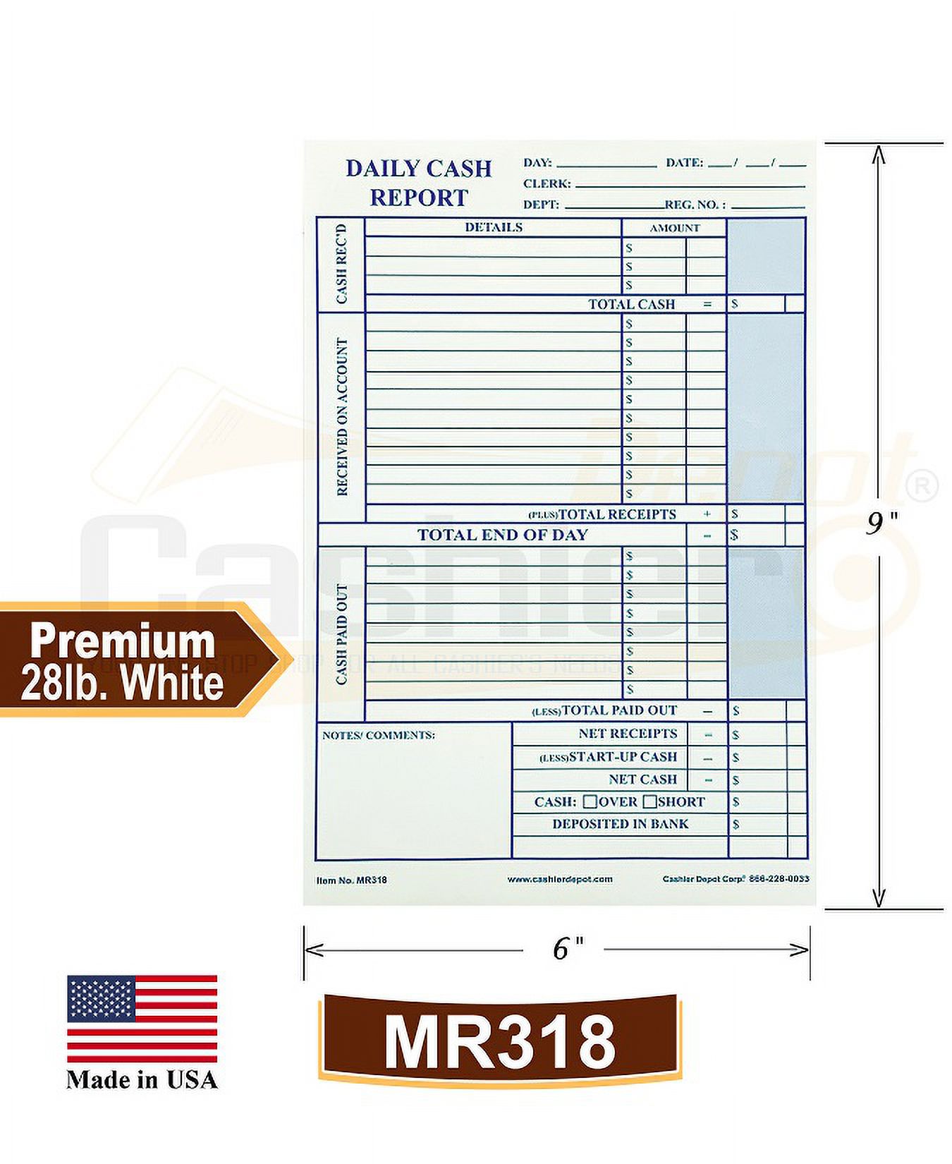 500 Cashier Depot MR318 Daily Cash Report Envelope, 6" x 9",Open End, Premium 28lb White (Gum Flap - 500 Envelopes)…